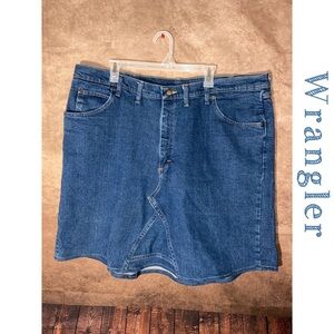 Wrangler skirt made from reclaimed jeans. Waist size 44” - length 21”. EUC